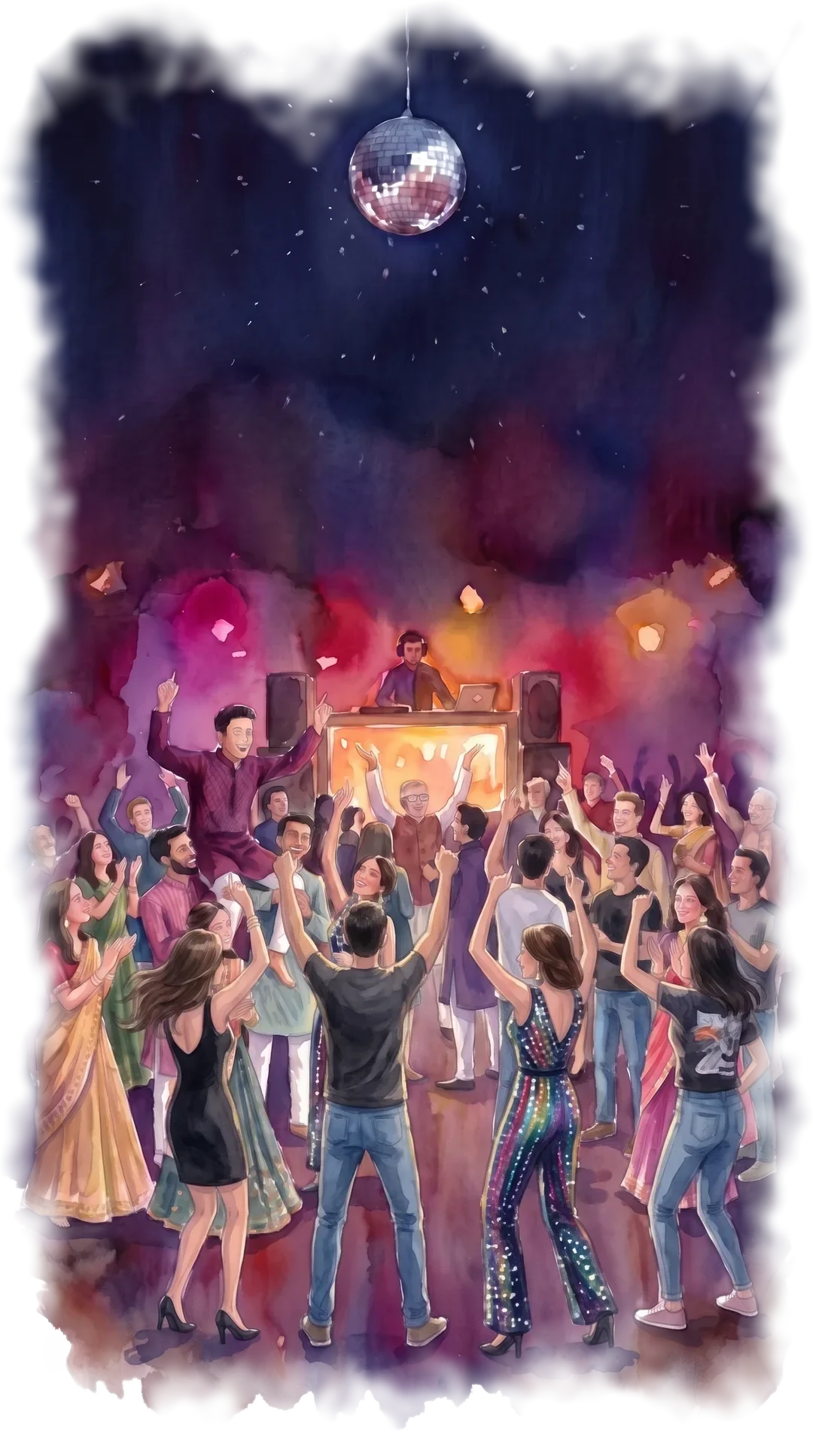 The after-party: a mirror ball over a crowded dance floor, friends in jeans, little black dresses and a sequinned jumpsuit, someone lifted on friends' shoulders