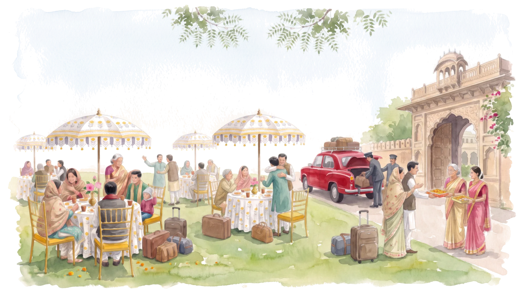 The farewell morning on the lawn: breakfast under block-printed umbrellas, hugs and goodbyes, the family handing out boxes of sweets, suitcases and the red Ambassador being loaded