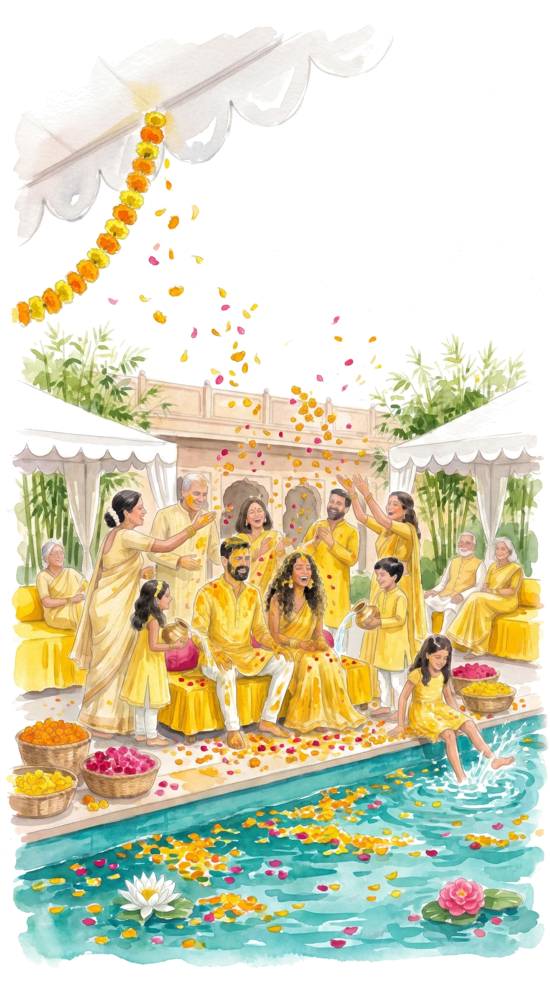 Phoolon ki holi by the turquoise pool: everyone in yellow showers Shruti and David with marigold petals