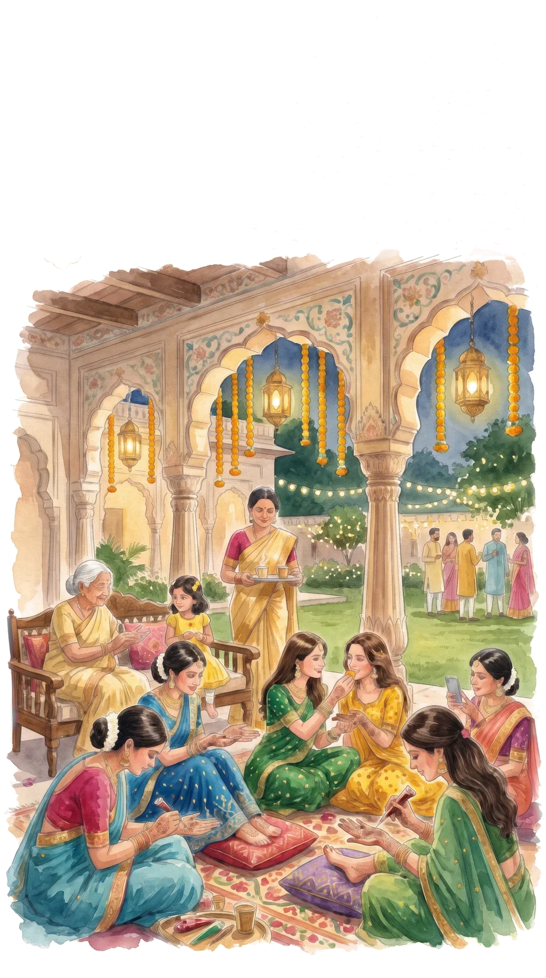 Friends on floor cushions in a frescoed verandah having mehndi put on, a grandmother admiring a design, an aunty bringing chai