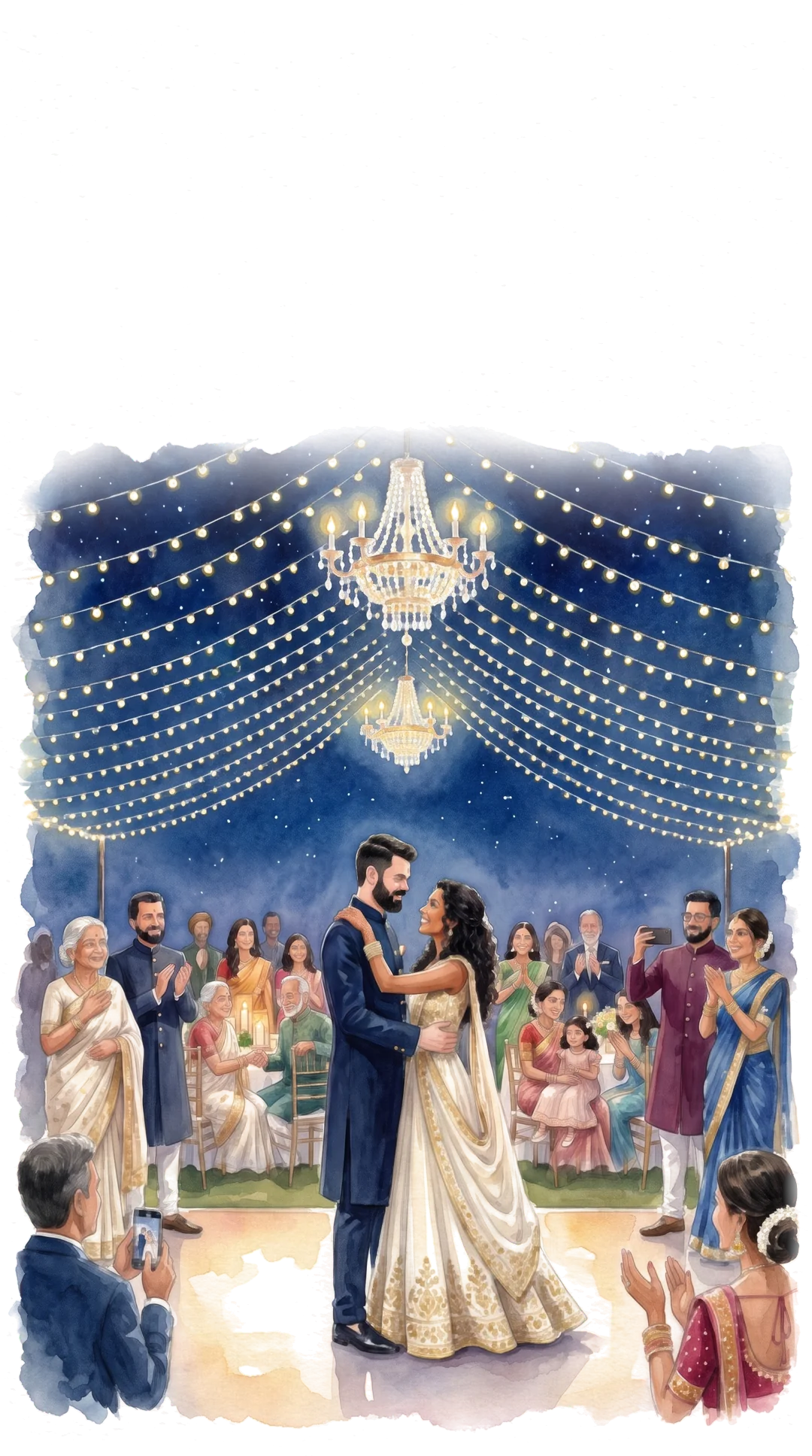 Shruti and David's first dance under chandeliers and a canopy of white lights, guests clapping around them