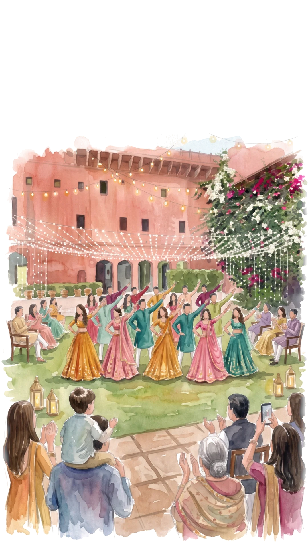 Friends and cousins performing a choreographed dance in rows on the lawn at night, families cheering under the fairy lights