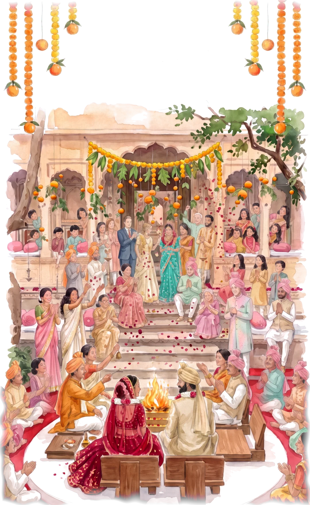 The ceremony in the main courtyard, packed with family and friends in saffron and rose safas: Shruti and David in garlands at the sacred fire