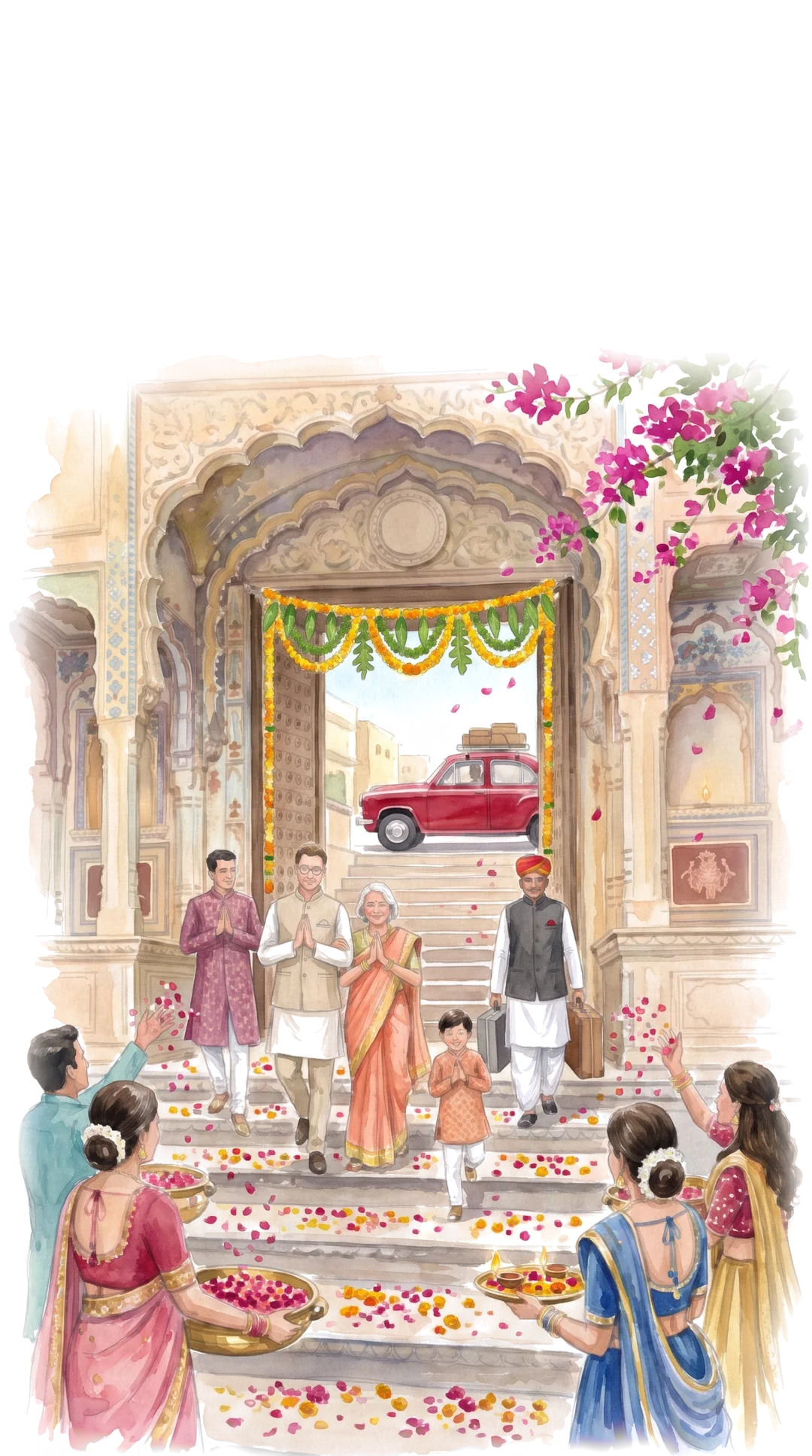 Guests coming down the steps of a frescoed haveli with their hands folded, while the family showers them with petals; through the doorway, a red Ambassador car